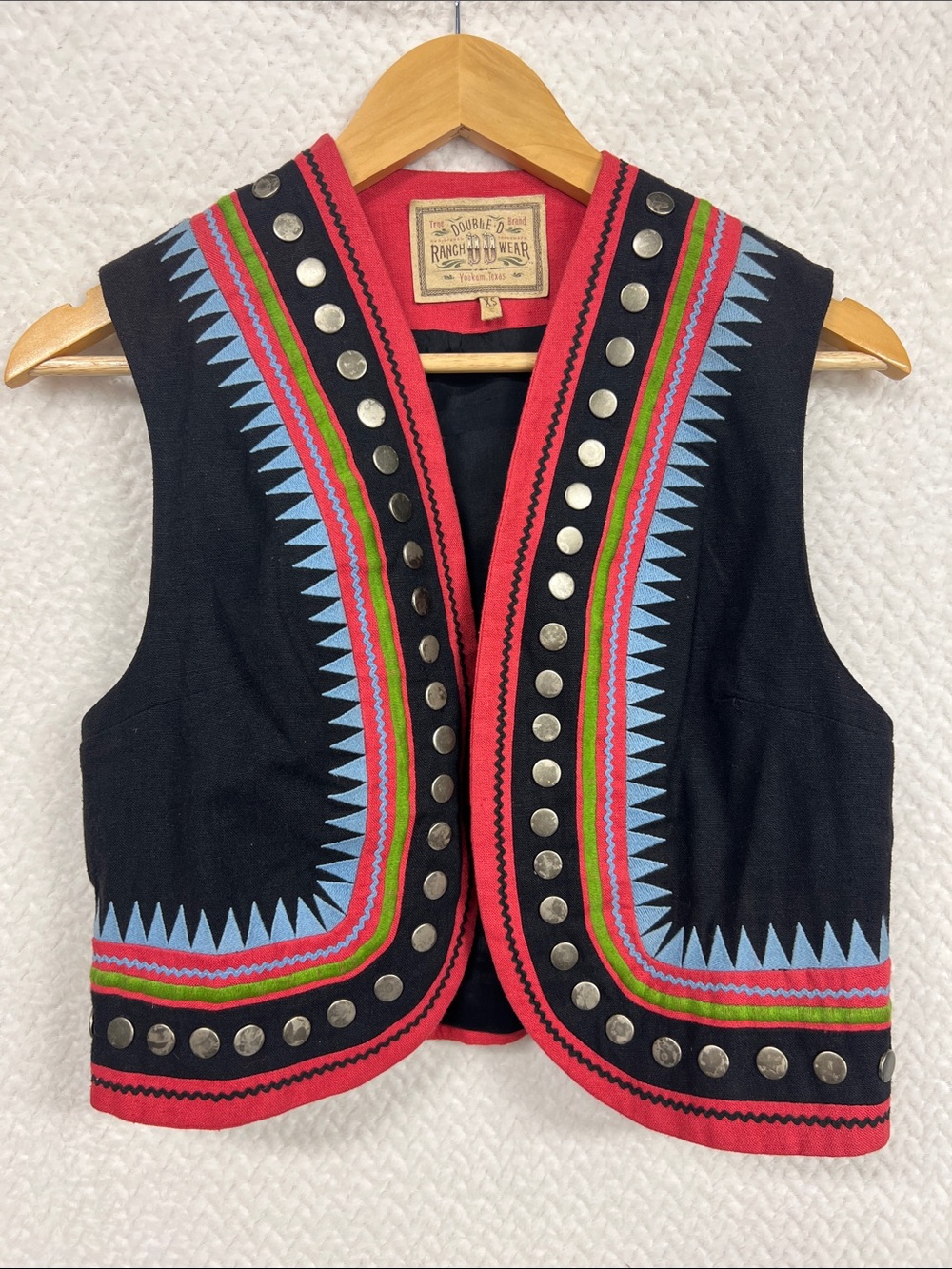 Double D Ranch Black Vest with Red, Blue & Green Trim